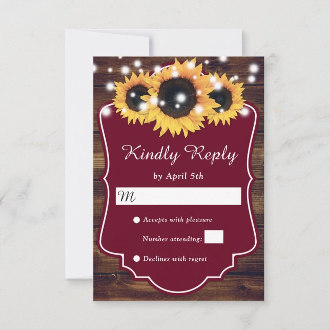 Rustic Country Burgundy Wood Sunflower Wedding RSVP Card (Front)