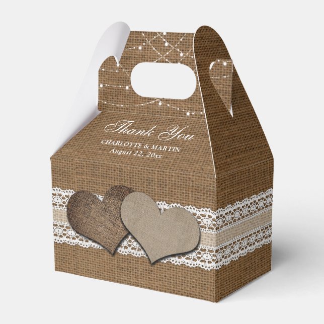 Rustic Country Burlap and Lace Wedding Thank You Favour Box (Front Side)