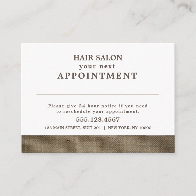 Rustic Country Burlap Appointment Card (Front)