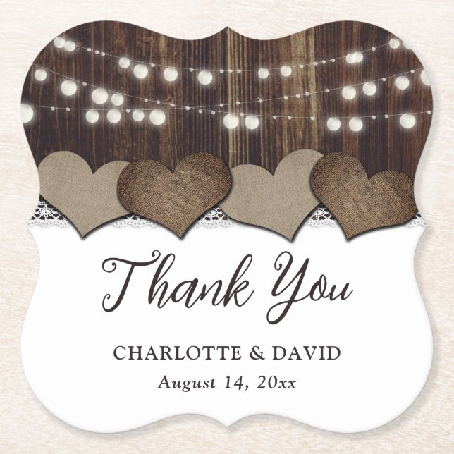 Rustic Country Burlap Barn Wedding Thank You Paper Coaster (Front)