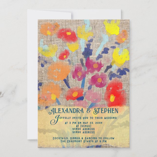 Rustic Country Burlap Bohemian Wildflower Wedding Invitation (Front)