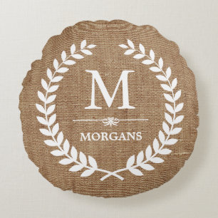Rustic Country Burlap Chic Laurel Wreath Monogram Round Cushion