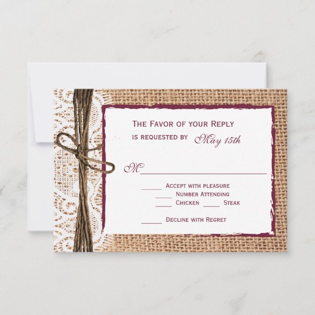 Rustic Country Burlap Cranberry Wedding RSVP Cards (Front)
