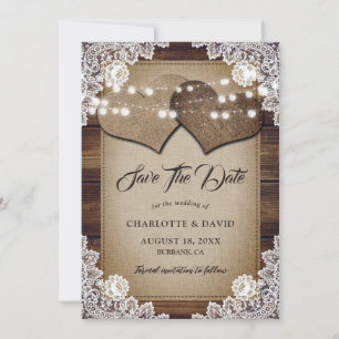 Rustic Country Burlap Hearts Elegant Lace Wedding Save The Date