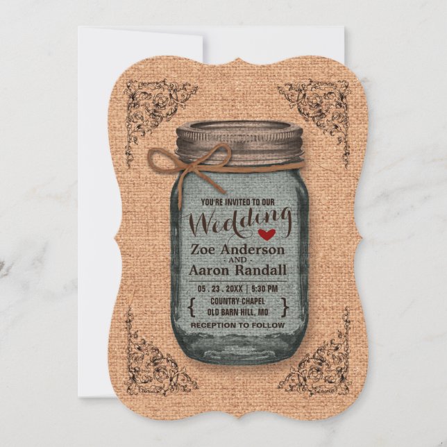 Rustic Country Burlap Jar Vintage Wedding 2 Invitation (Front)