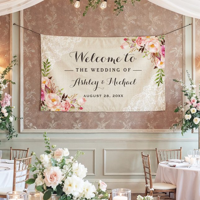 Rustic Country Burlap Lace Floral Wedding Party Banner (Creator Uploaded)