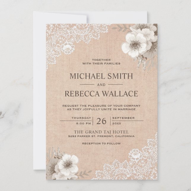Rustic Country Burlap Lace Ivory Floral Wedding Invitation (Front)