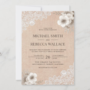 Rustic Country Burlap Lace Ivory Floral Wedding Invitation