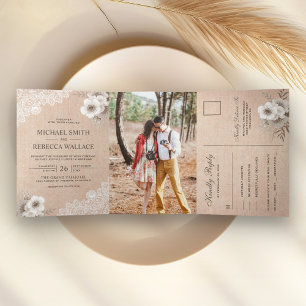 Rustic Country Burlap Lace Ivory Floral Wedding Tri-Fold Invitation
