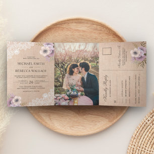Rustic Country Burlap Lace Pink Floral Wedding Tri-Fold Invitation