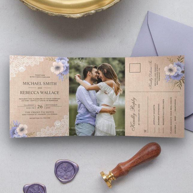 Rustic Country Burlap Lace Purple Floral Wedding Tri-Fold Invitation (Creator Uploaded)