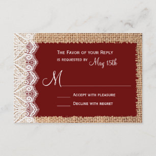 Rustic Country Burlap Lace Red Wedding RSVP Card