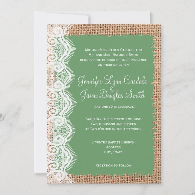 Rustic Country Burlap Lace Sage Wedding Invitation (Front)
