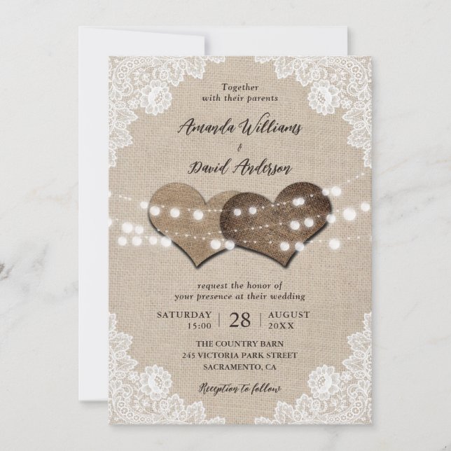 Rustic Country Burlap Lace String Lights Wedding Invitation (Front)