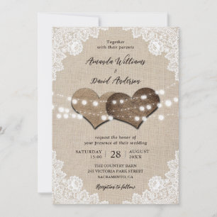 Rustic Country Burlap Lace String Lights Wedding Invitation