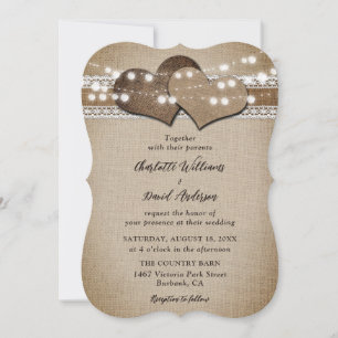 Rustic Country Burlap Lace String Lights Wedding Invitation