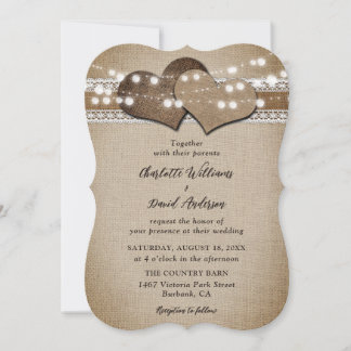 Rustic Country Burlap Lace String Lights Wedding Invitation