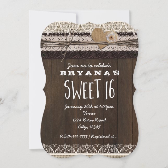 Rustic Country Burlap & Lace SWEET 16 Invitation (Front)