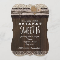 Rustic Country Burlap & Lace SWEET 16 Invitation