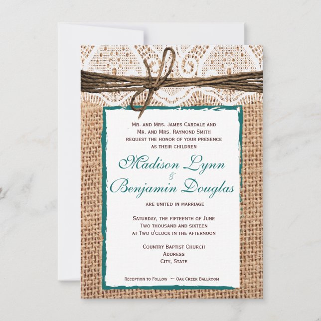 Rustic Country Burlap Lace Teal Wedding Invitation (Front)