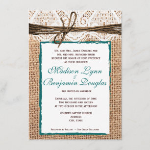 Rustic Country Burlap Lace Teal Wedding Invitation