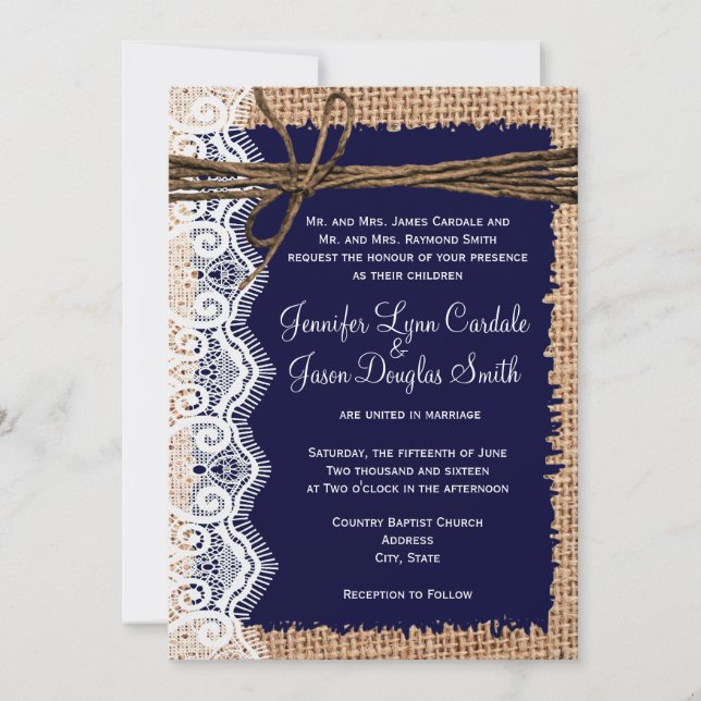 Rustic Country Burlap Lace Twine Wedding Invites (Front)