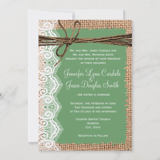 Rustic Country Burlap Lace Twine Wedding Invites (Front)