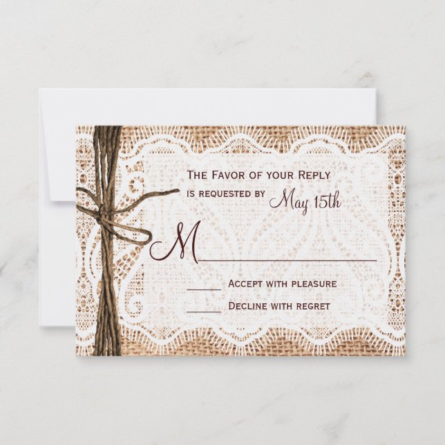 Rustic Country Burlap Lace Twine Wedding RSVP (Front)
