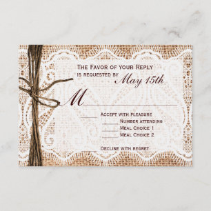 Rustic Country Burlap Lace Twine Wedding RSVP Card