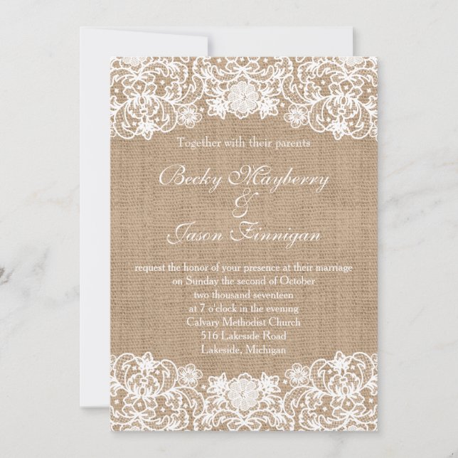Rustic Country Burlap Lace Wedding Invites (Front)