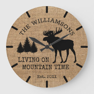 Rustic Country Burlap Living Mountain Time Moose Large Clock