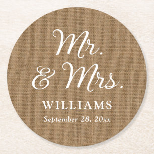 Rustic Country Burlap Mr and Mrs Wedding Coasters