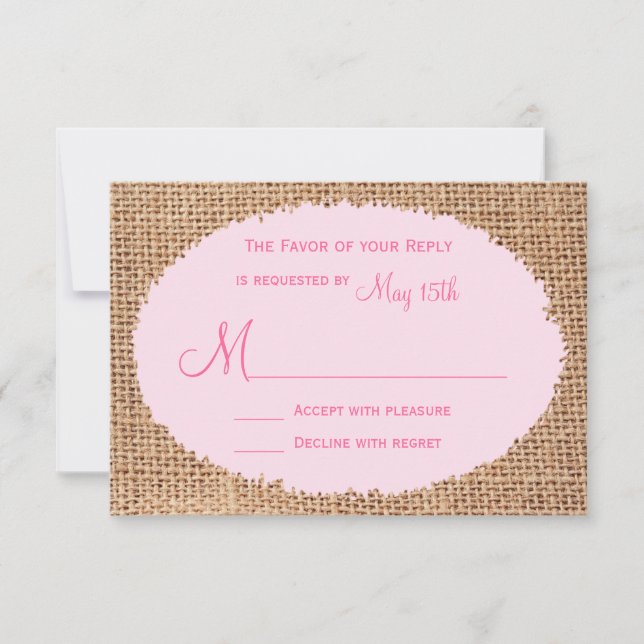 Rustic Country Burlap Pink Wedding RSVP Cards (Front)