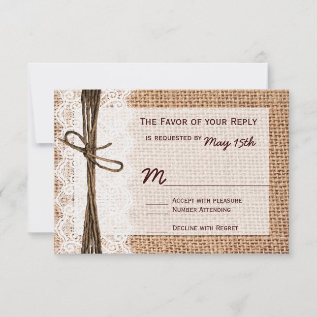 Rustic Country Burlap Print Wedding RSVP Cards (Front)
