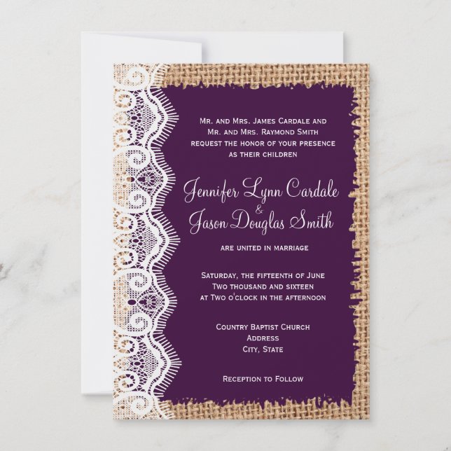 Rustic Country Burlap Purple Wedding Invitations (Front)
