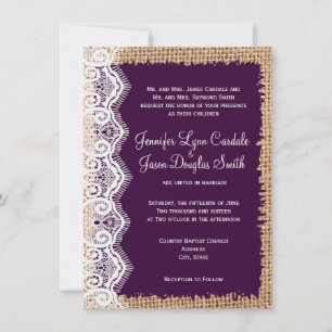 Rustic Country Burlap Purple Wedding Invitations
