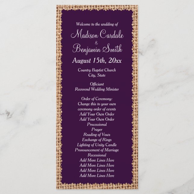Rustic Country Burlap Purple Wedding Programs Programme (Front)
