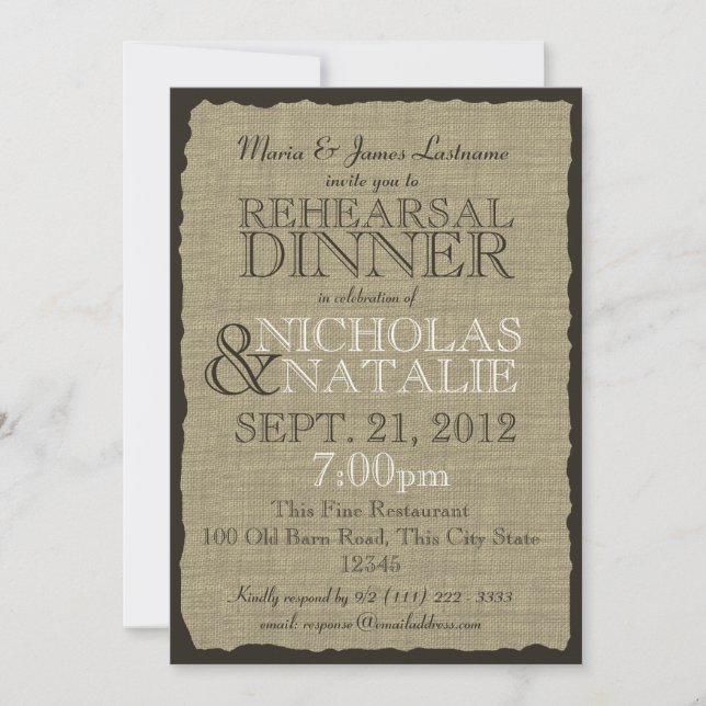Rustic Country Burlap Rehearsal Dinner Invitation (Front)
