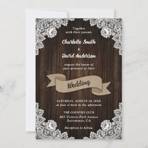 Rustic Country Burlap Ribbon Wood Lace Wedding Invitation