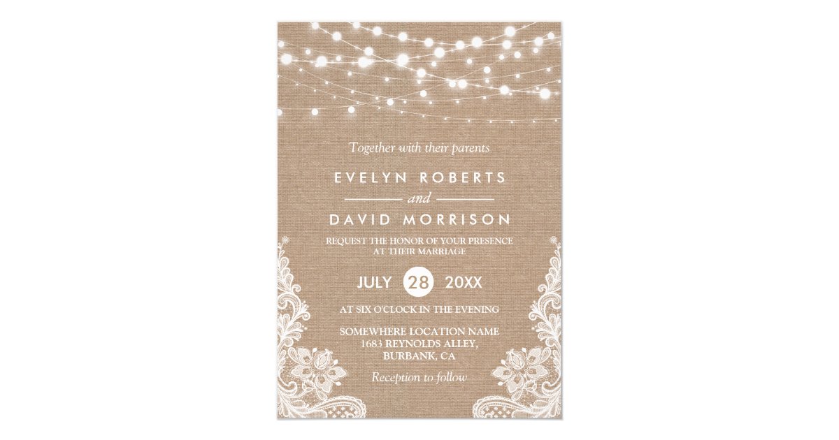 Rustic Country Burlap String Lights Lace Wedding Card Rustic Country Burlap String Lights Lace Wedding Card