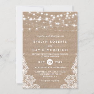 Rustic Country Burlap String Lights Lace Wedding Invitation