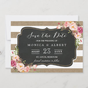 Rustic Country Burlap Stripes Floral Save the Date