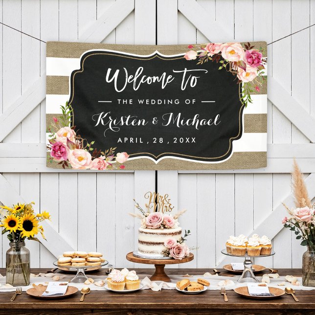 Rustic Country Burlap Stripes Floral Wedding Party Banner (Creator Uploaded)