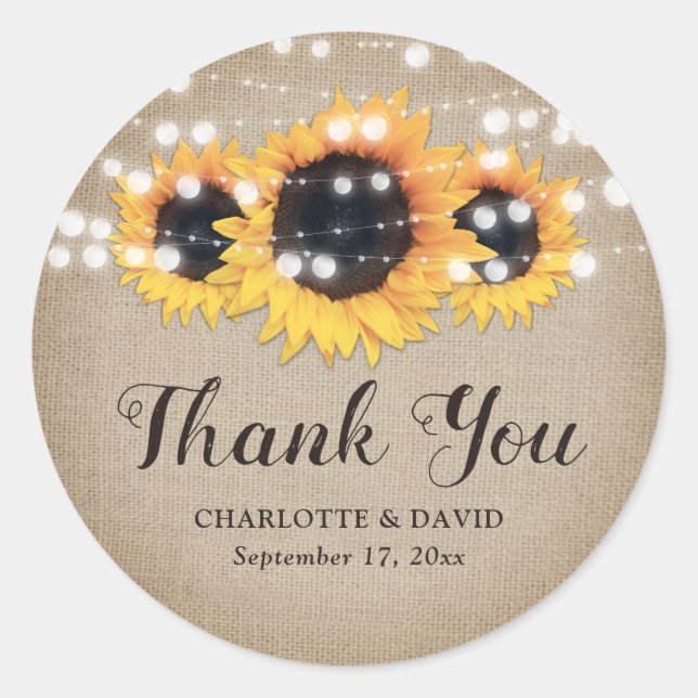 Rustic Country Burlap Sunflower Wedding Favour Classic Round Sticker (Front)