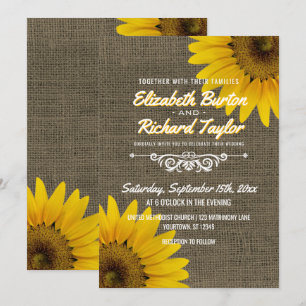 Rustic Country Burlap Sunflowers Floral Wedding Invitation