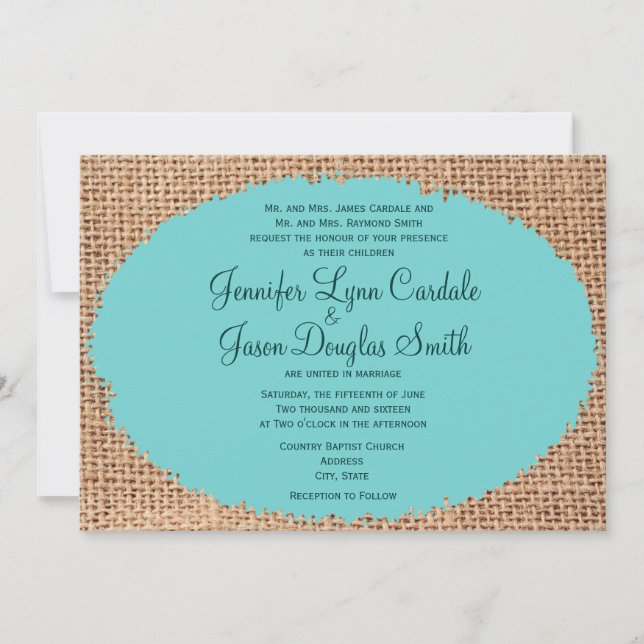 Rustic Country Burlap Turquoise Wedding Invitation (Front)