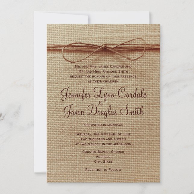 Rustic Country Burlap Twine Bow Wedding Invitation (Front)
