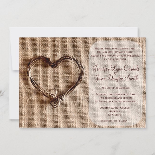 Rustic Country Burlap Twine Heart Wedding Invite (Front)