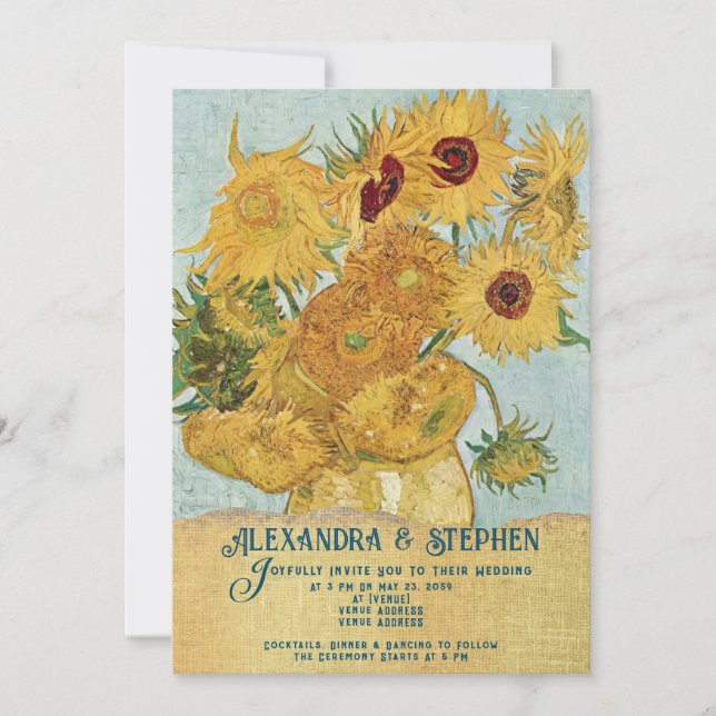 Rustic Country Burlap Van Gogh Sunflowers Wedding Invitation (Front)