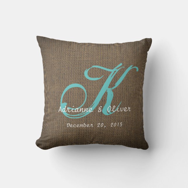 Rustic Country Burlap Wedding Monogram Keepsake Cushion (Front)